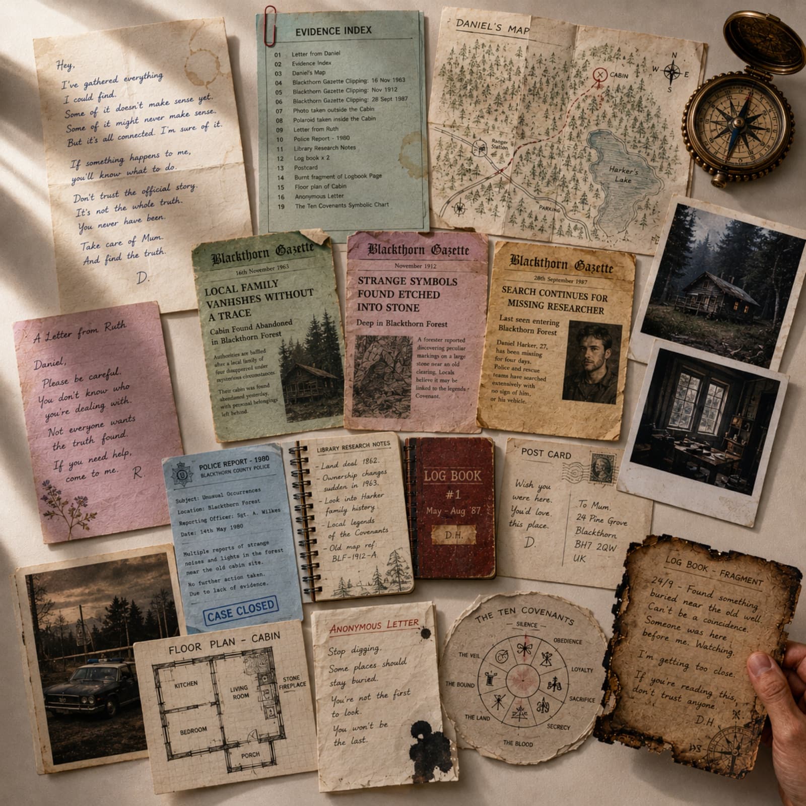 The Cursed Cabin box surrounded by its evidence — Polaroids, notes, maps and documents