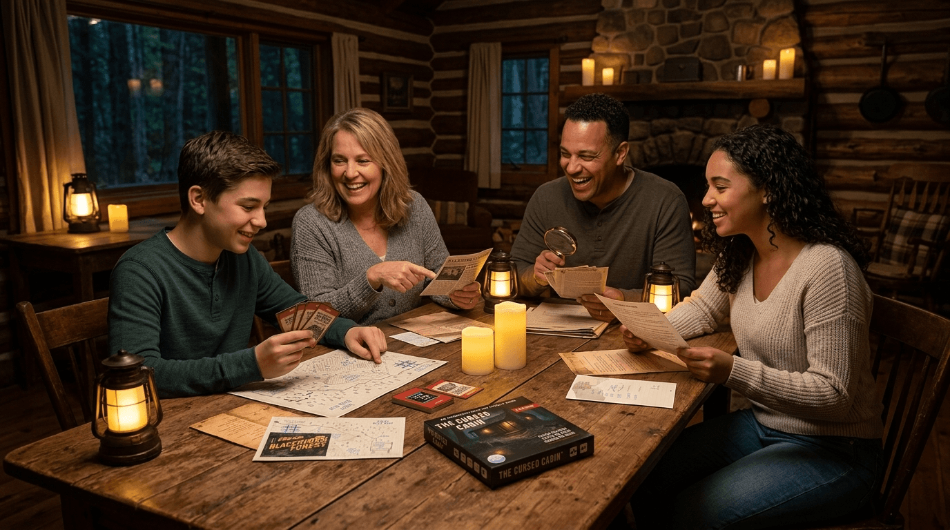 A family playing The Cursed Cabin together by lantern light