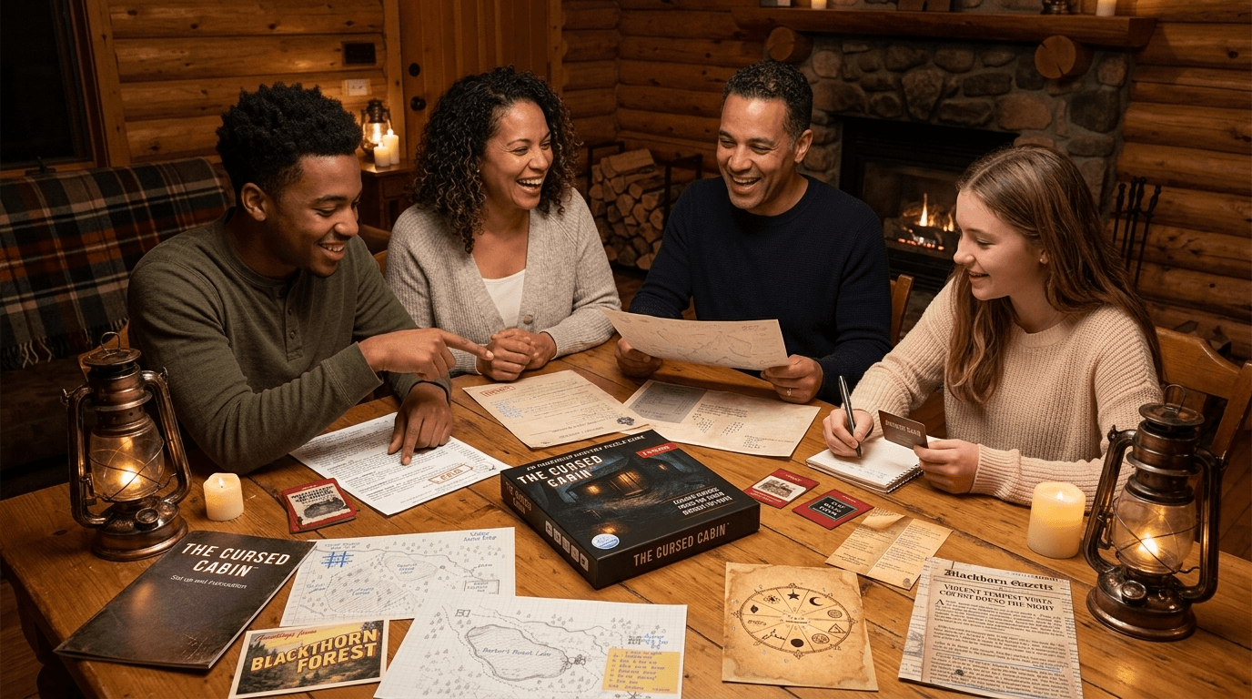 Friends examining the evidence from The Cursed Cabin